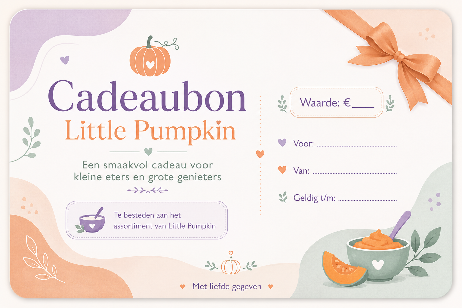 Cadeaubon van Little Pumpkin in zachte paarse, oranje en mintgroene kleuren